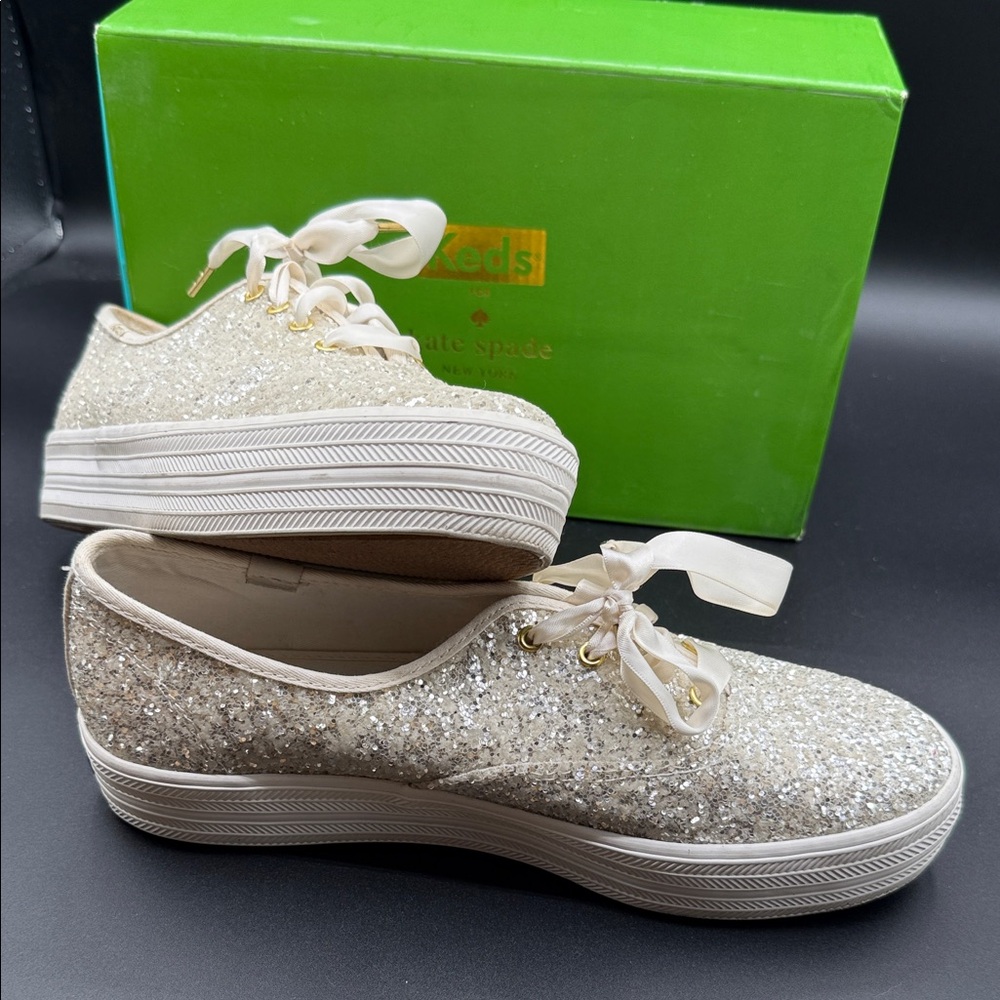 Kate Spade Keds Women's Sparkling Sneakers - Silver and Cream Wedding Ready !
